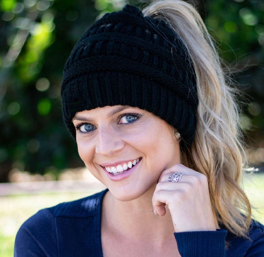 BLACK Ponytail Beanie