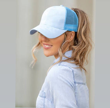 Blue Camo Plain Ponytail Cap