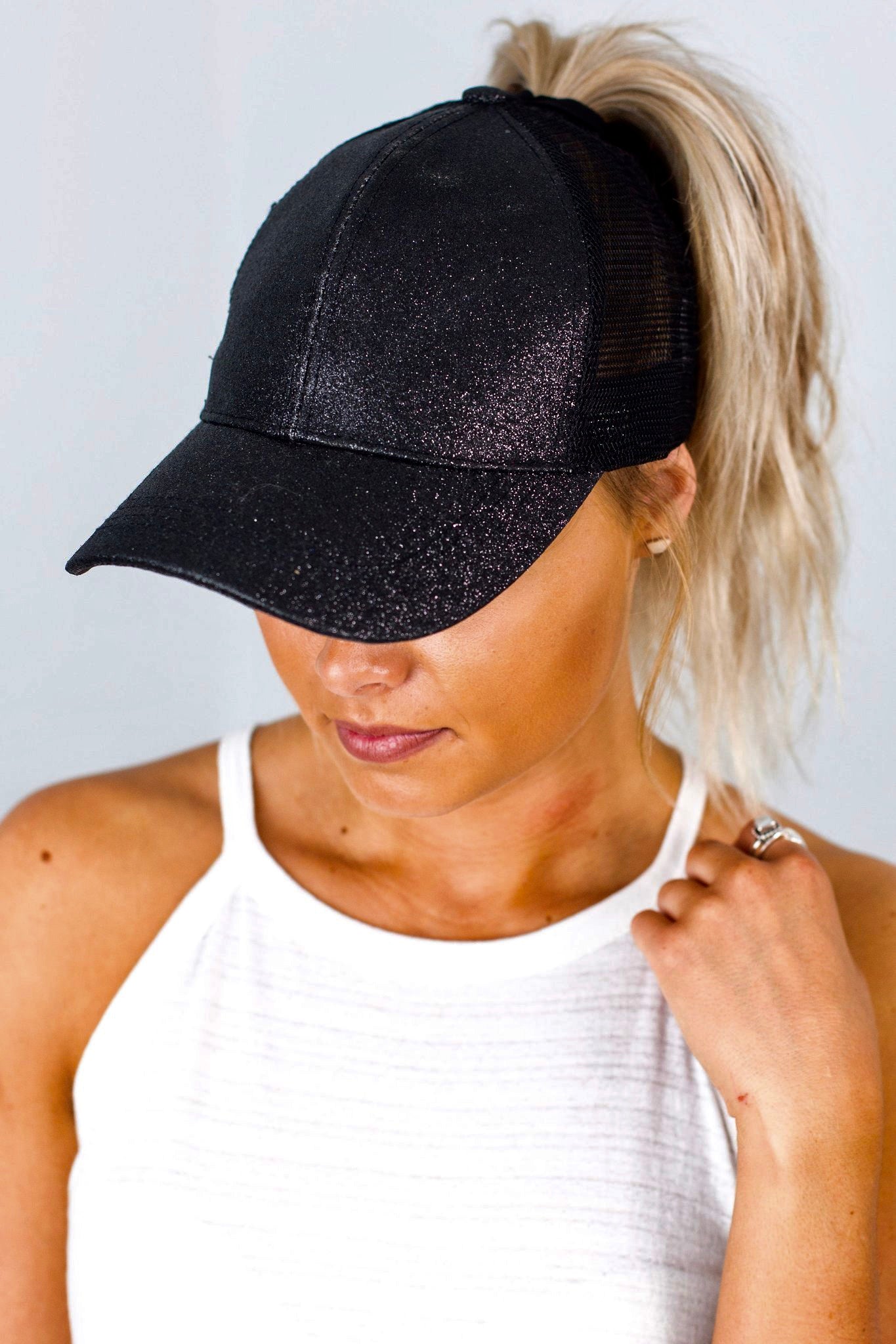 BLACK Glitter Ponytail Cap