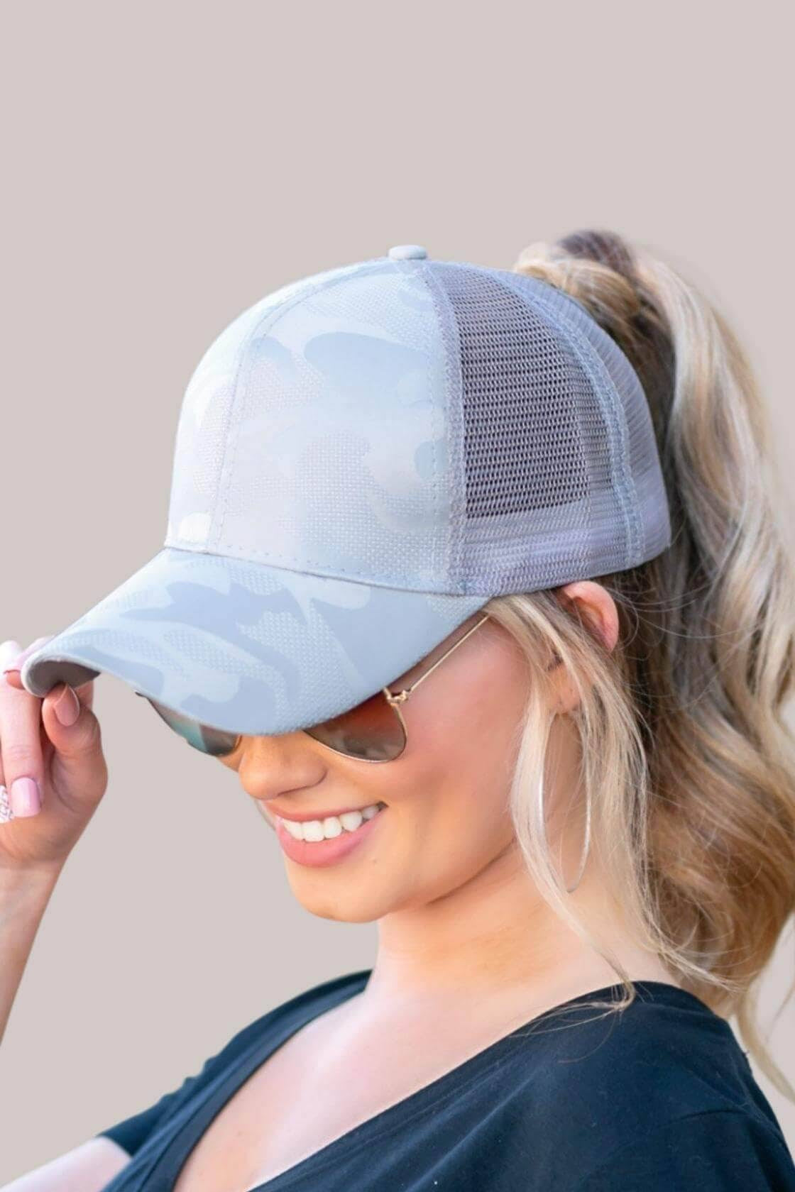 Grey Camo Plain Ponytail Cap