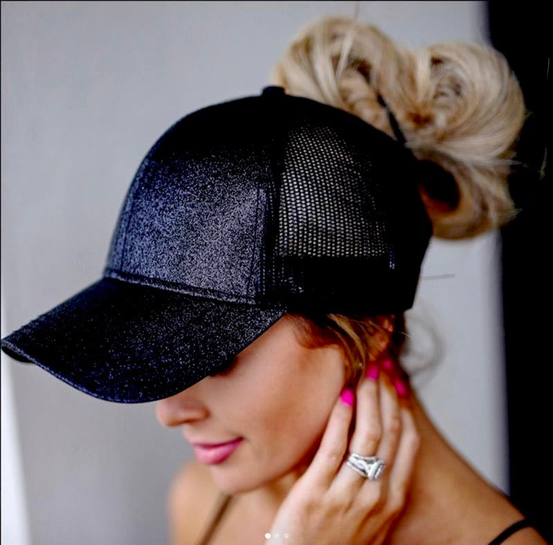 BLACK Glitter Ponytail Cap KissMyPonytail