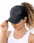 Black Camo Plain Ponytail Cap