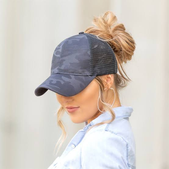 Black Camo Plain Ponytail Cap
