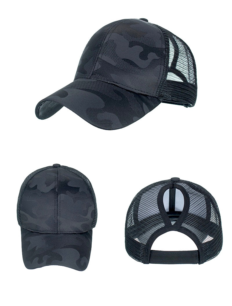 Black Camo Plain Ponytail Cap all