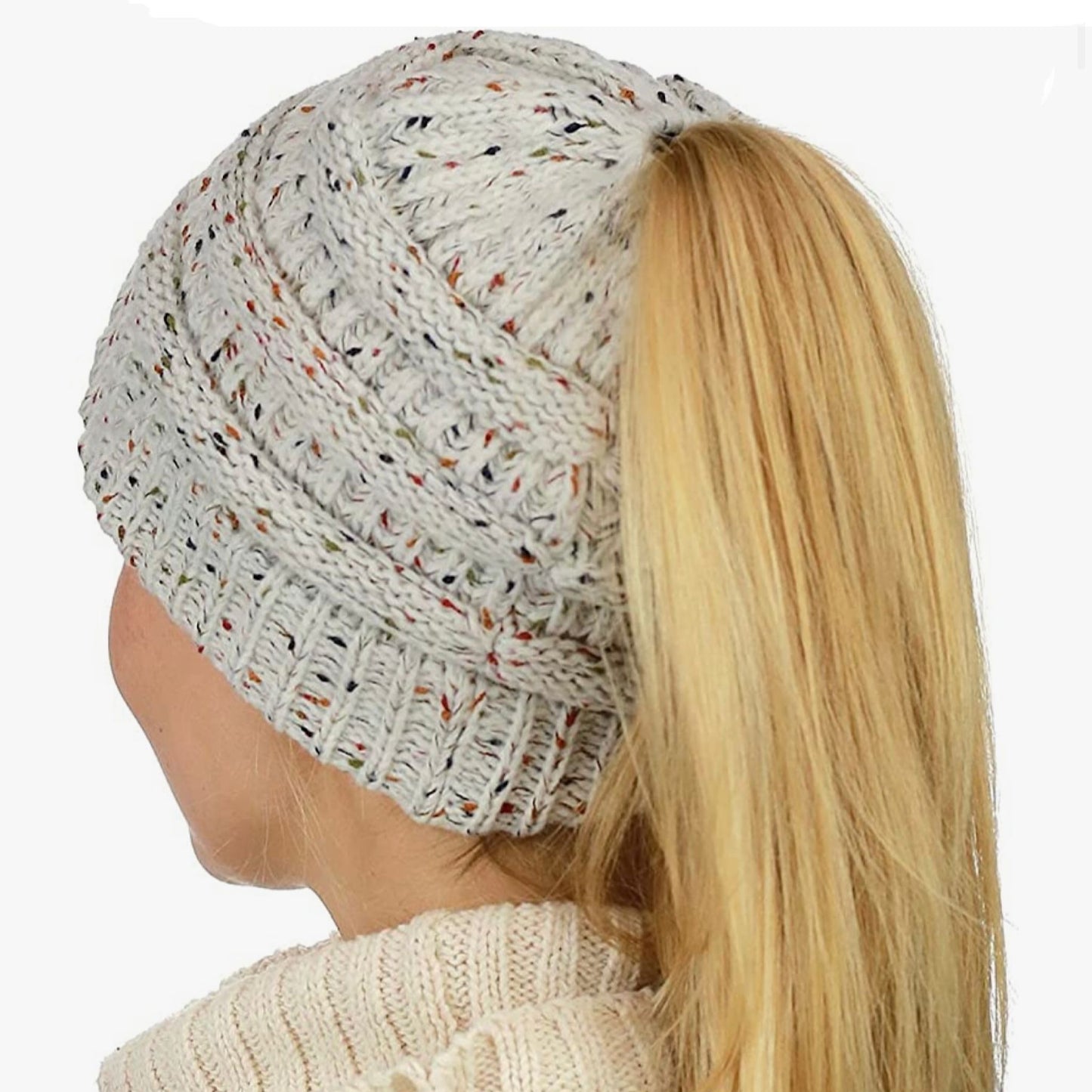 IVORY CONFETTI Ponytail Beanie