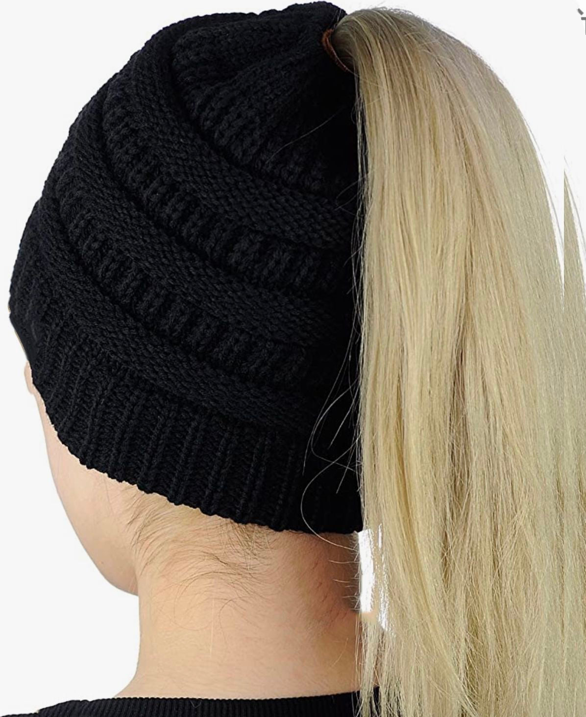 BLACK Ponytail Beanie