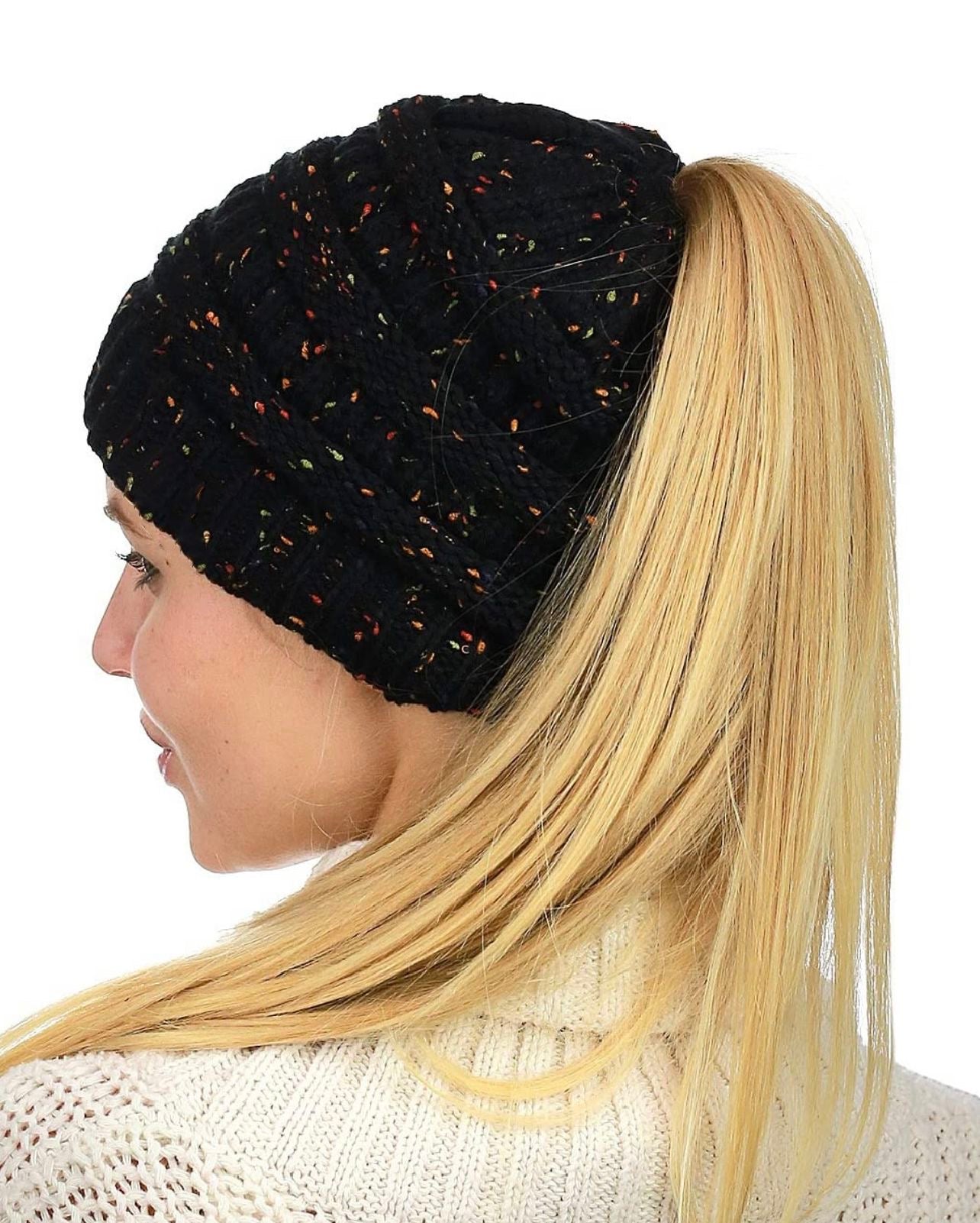BLACK CONFETTI Ponytail Beanie