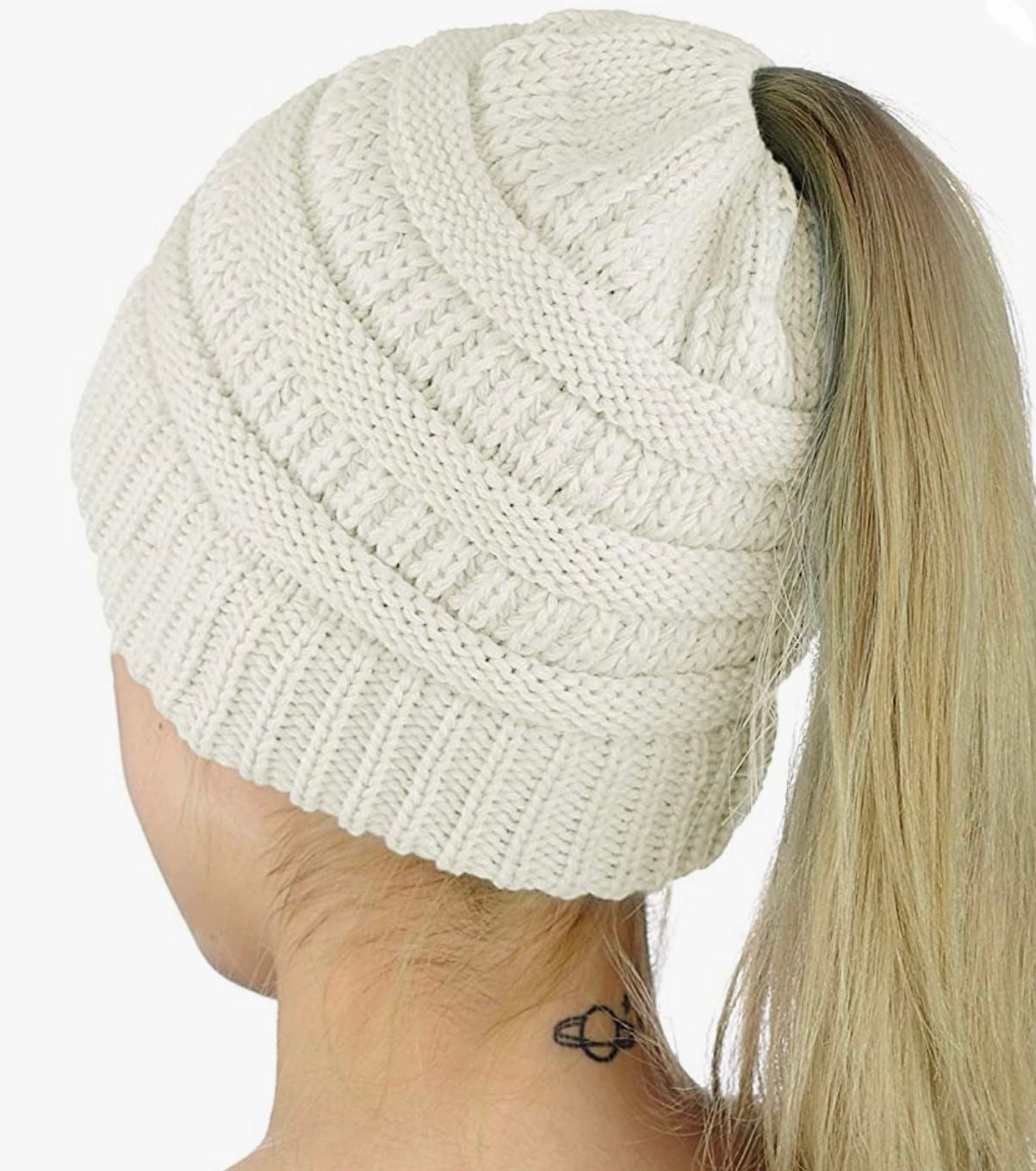 WHITE CREAM Ponytail Beanie