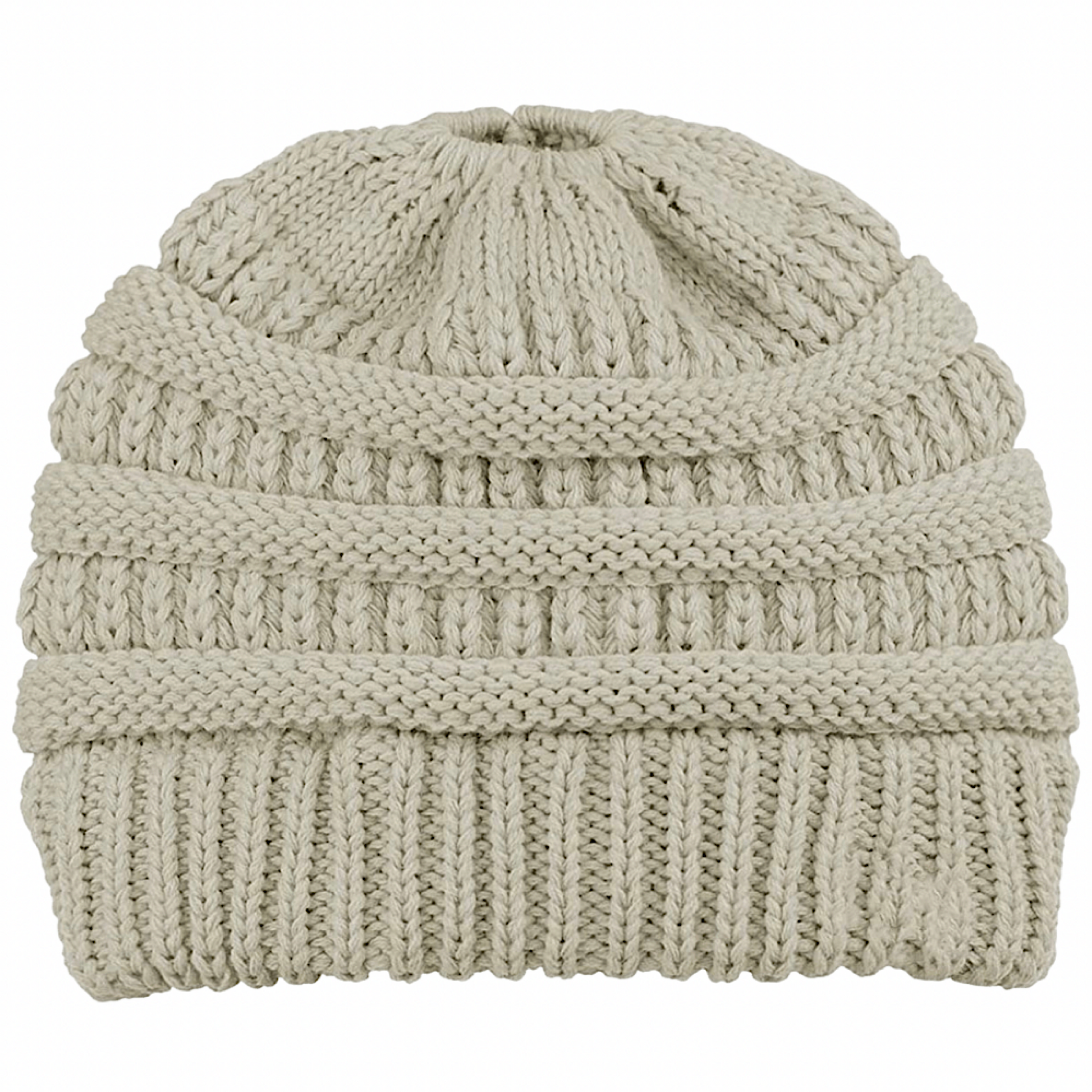 BEIGE Ponytail Beanie upclose