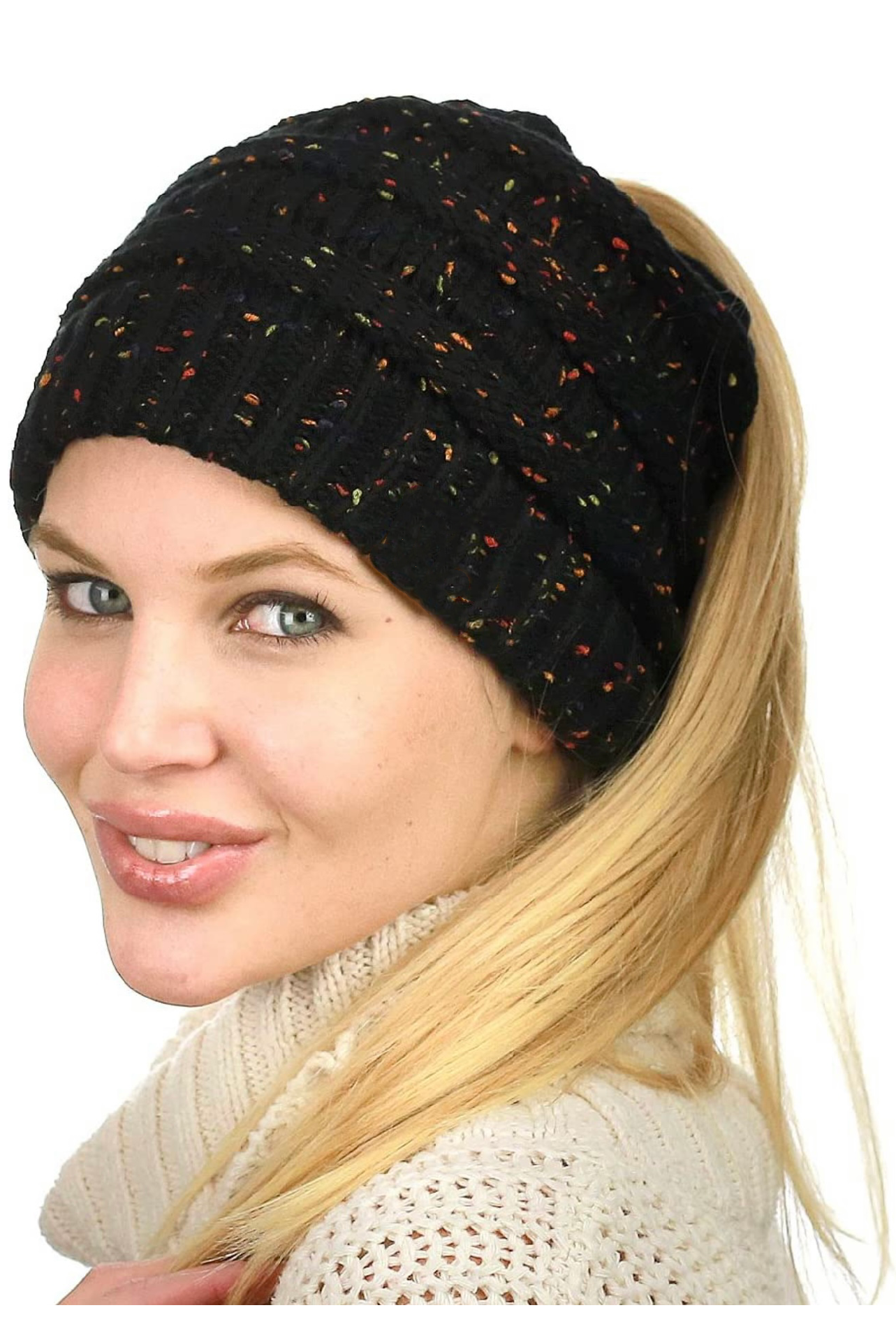 BLACK CONFETTI Ponytail Beanie