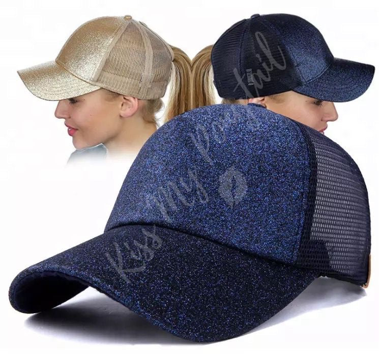 NAVY Glitter Ponytail Cap