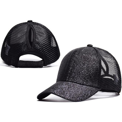 BLACK Glitter Ponytail Cap