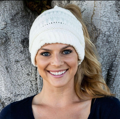 WHITE CREAM Ponytail Beanie