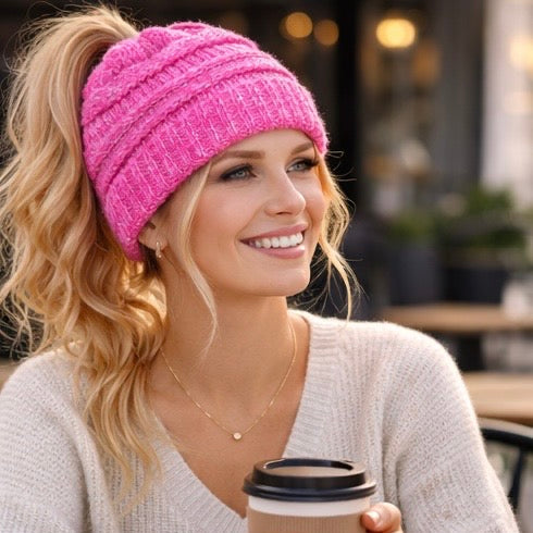 RASBERRY PINK Ponytail Beanie