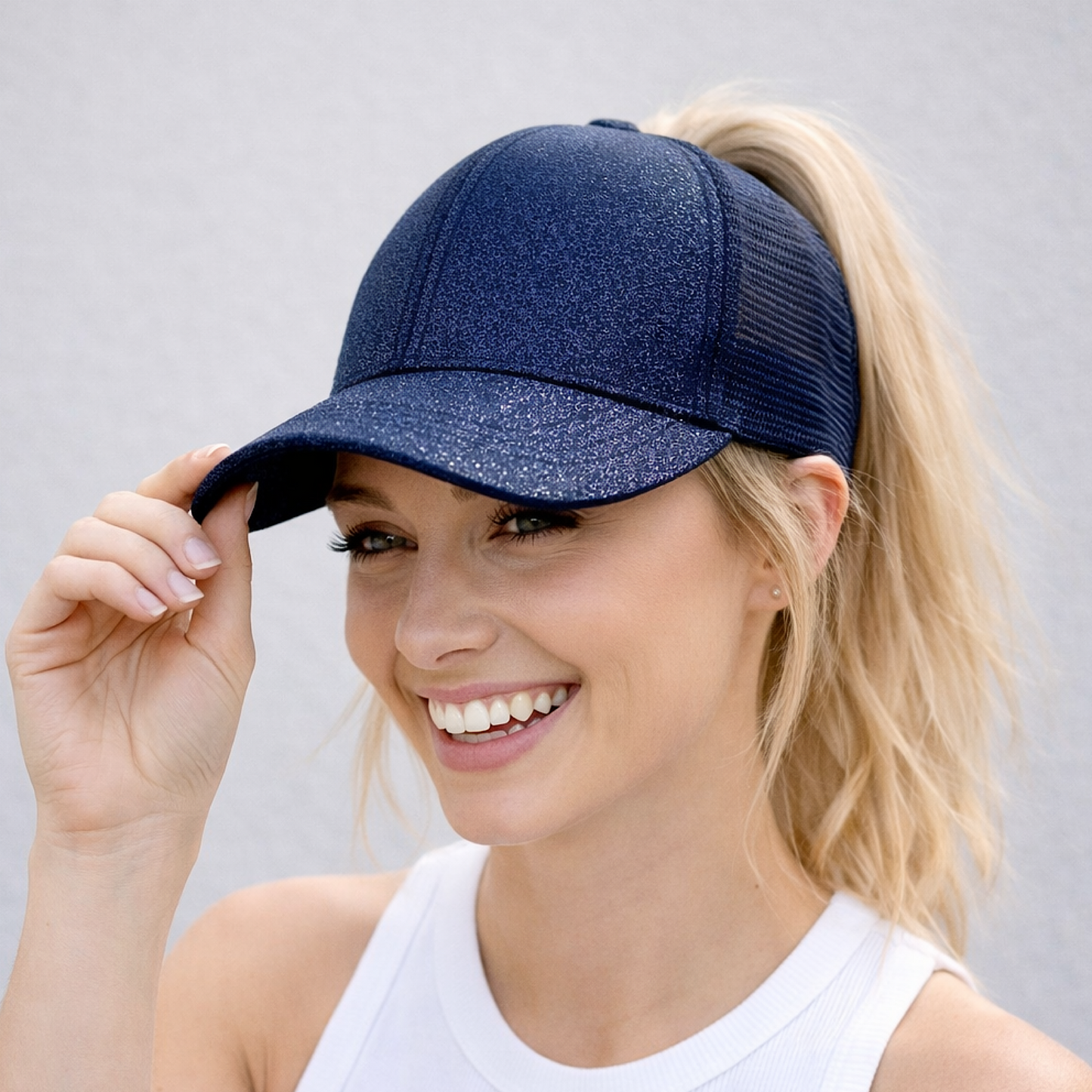 NAVY Glitter Ponytail Cap
