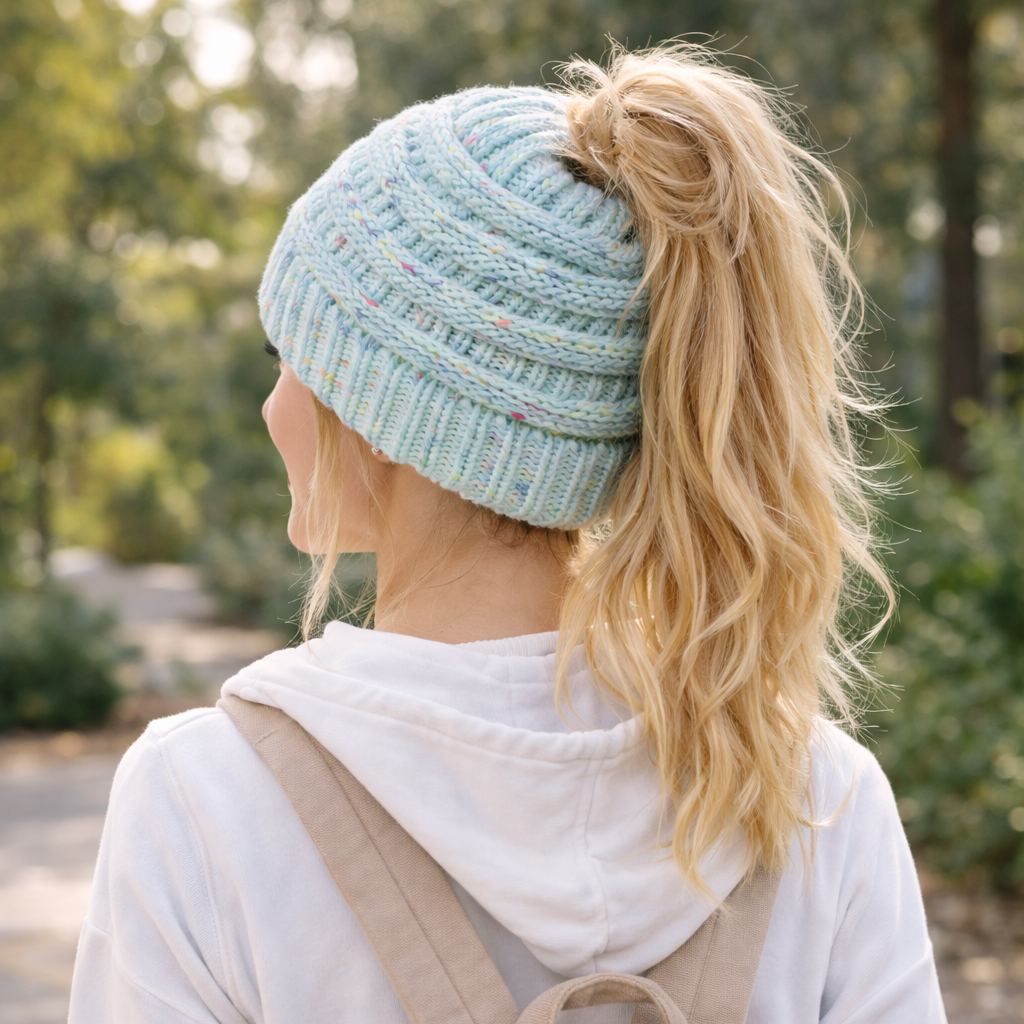 MINT CONFETTI Ponytail Beanie