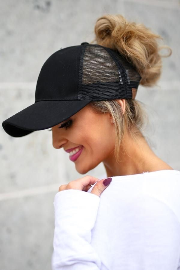 BLACK Plain Ponytail Cap