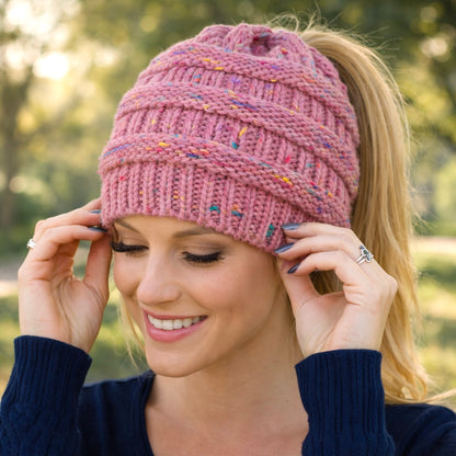 PINK CONFETTI Ponytail Beanie