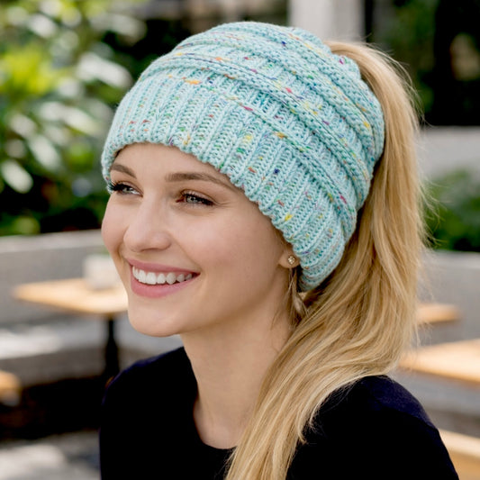 MINT CONFETTI Ponytail Beanie