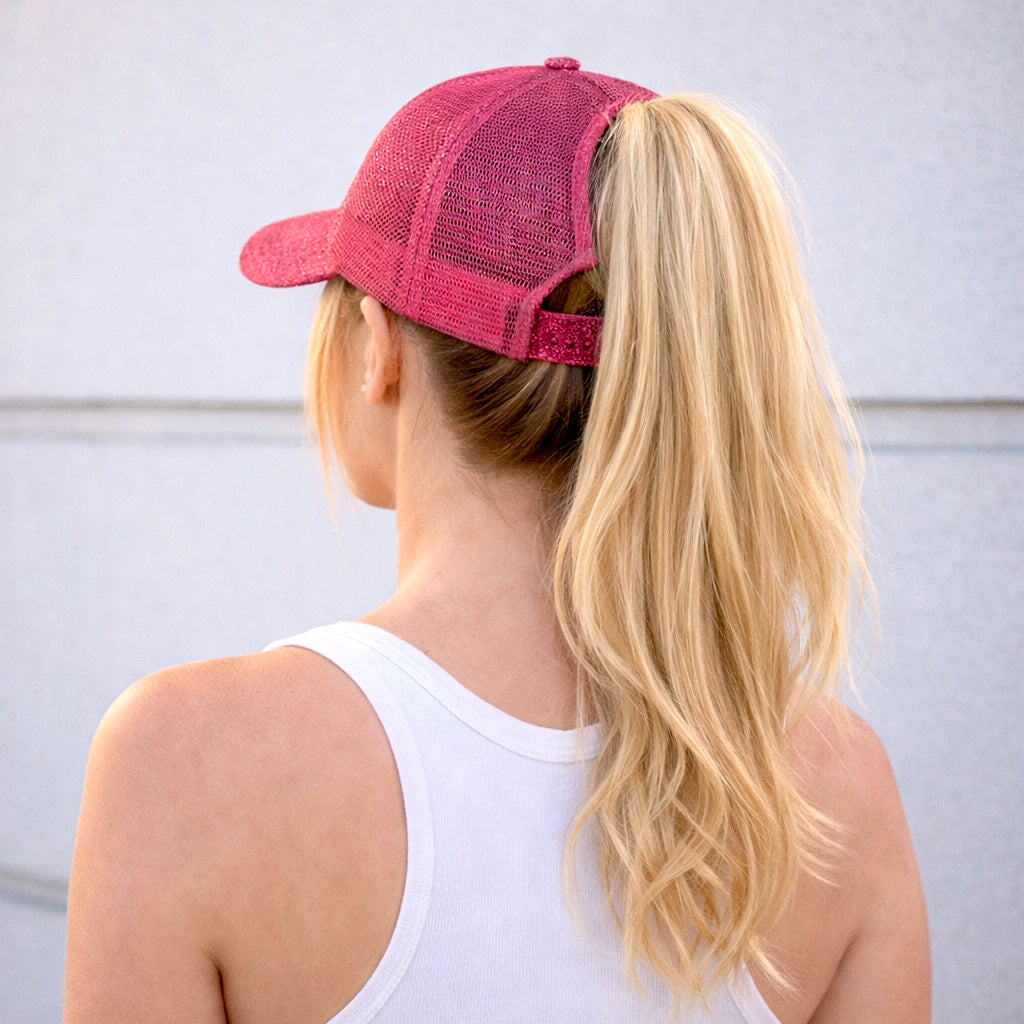 ELECTRIC PINK Glitter Ponytail Cap