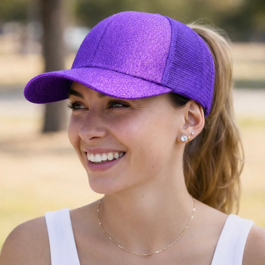 PURPLE Glitter Ponytail Cap