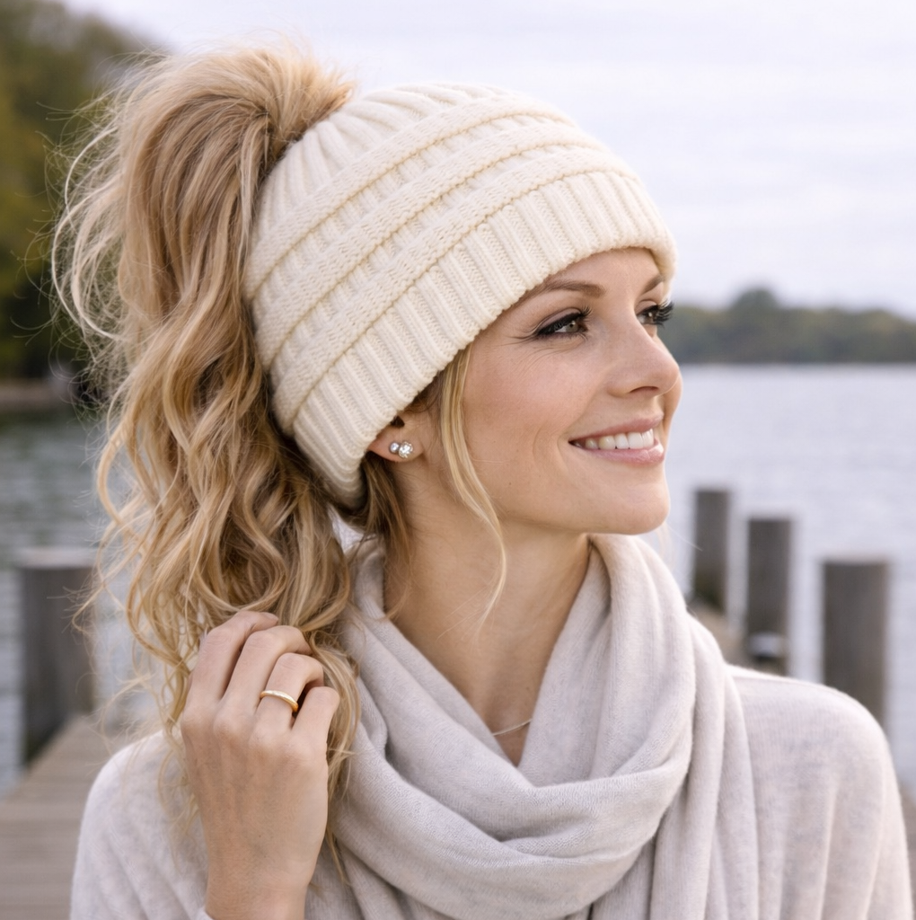 WHITE Ponytail Beanie