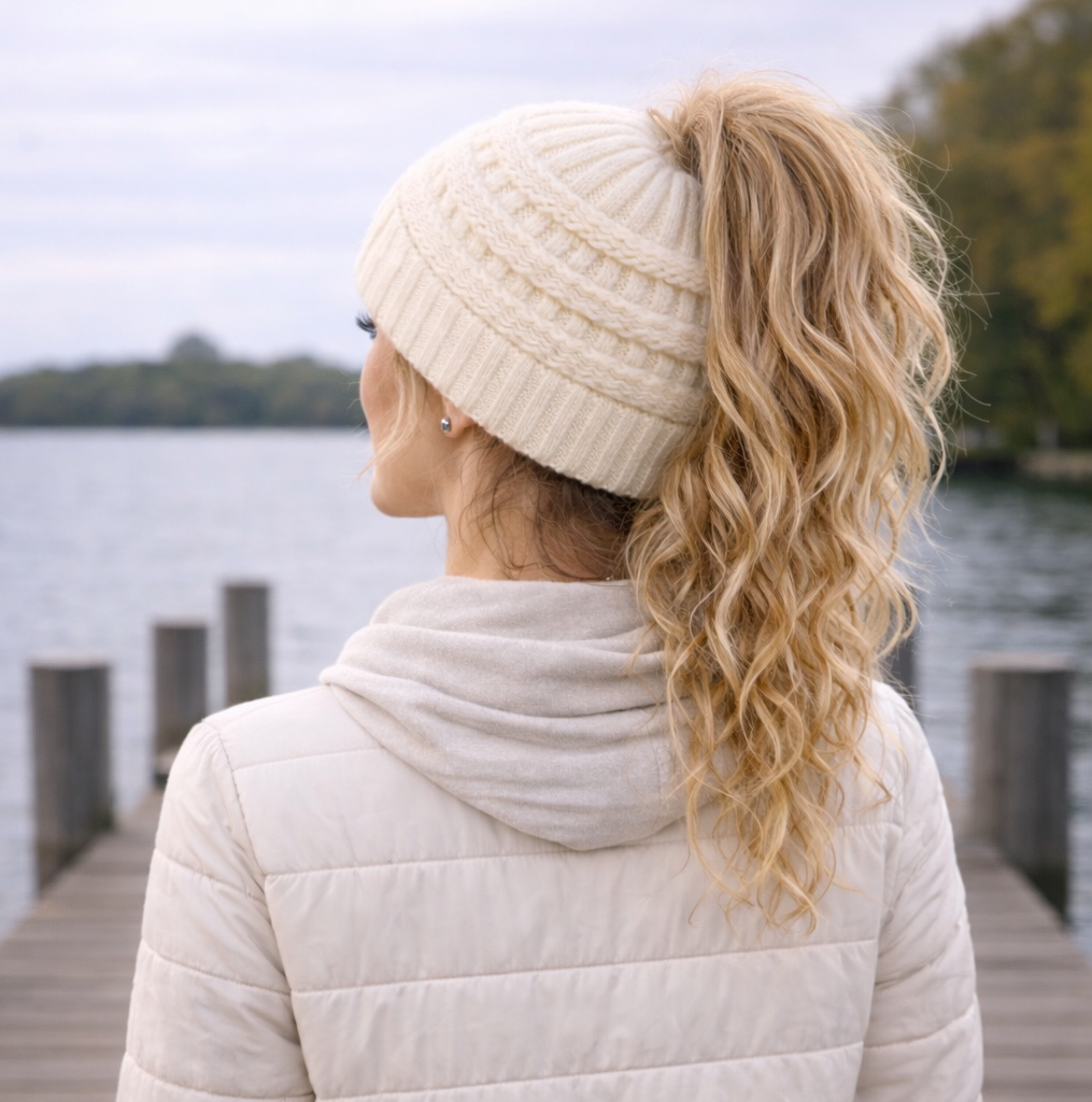 WHITE Ponytail Beanie