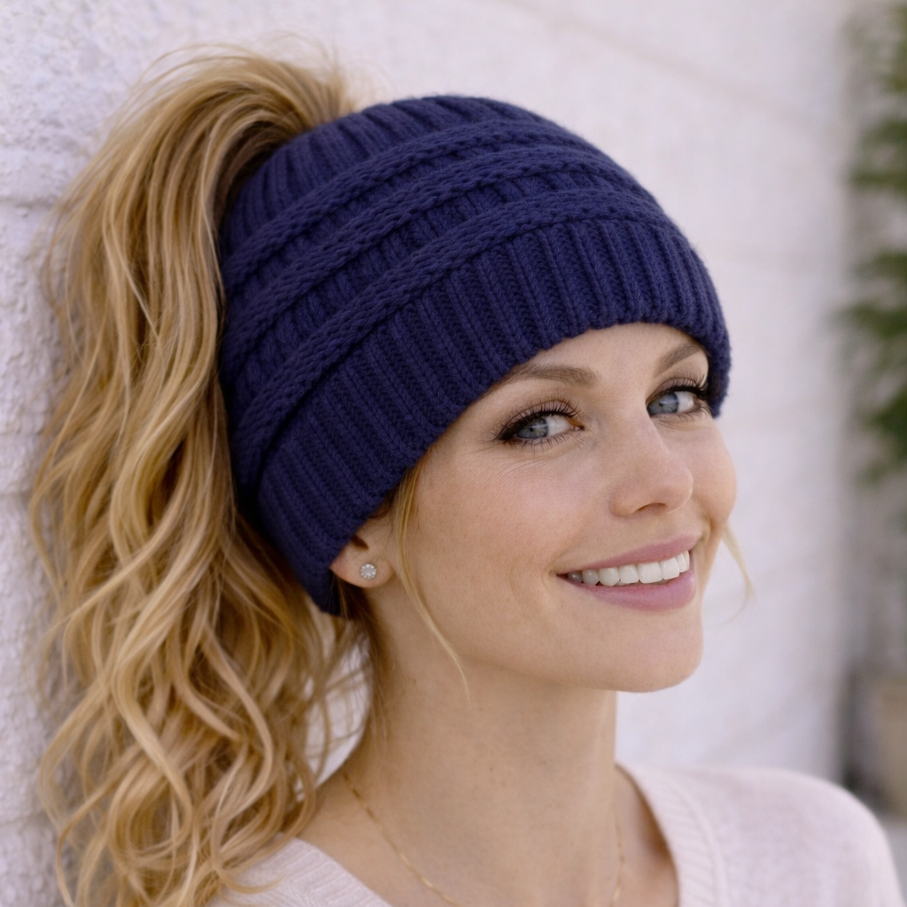 NAVY Ponytail Beanie