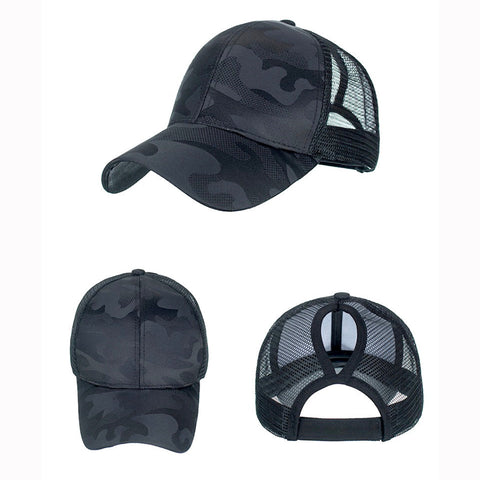 Black Camo Plain Ponytail Cap