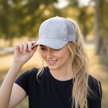 Grey Camo Plain Ponytail Cap