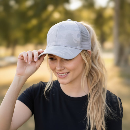 Grey Camo Plain Ponytail Cap