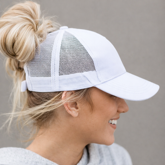 WHITE Plain Ponytail Cap