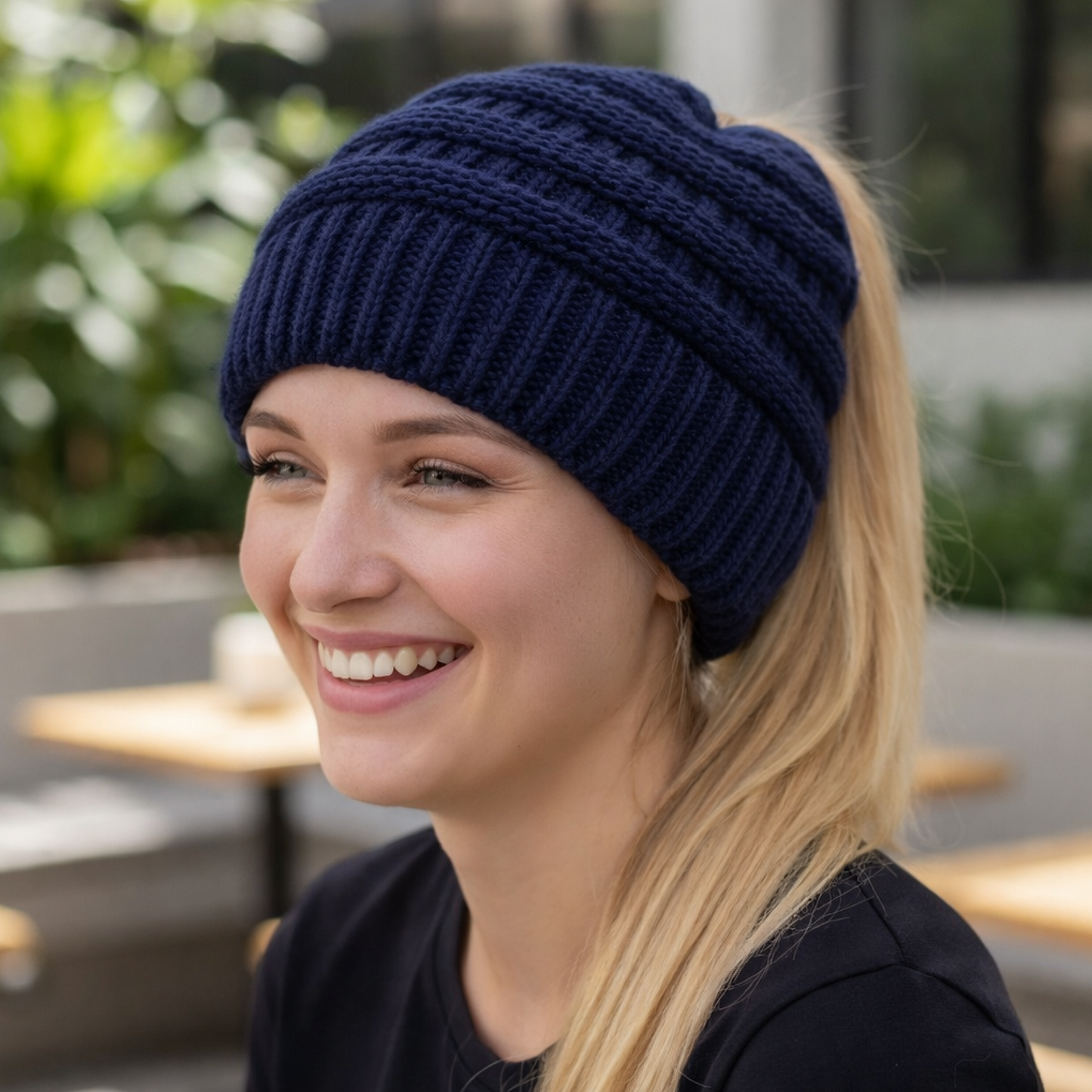 NAVY Ponytail Beanie