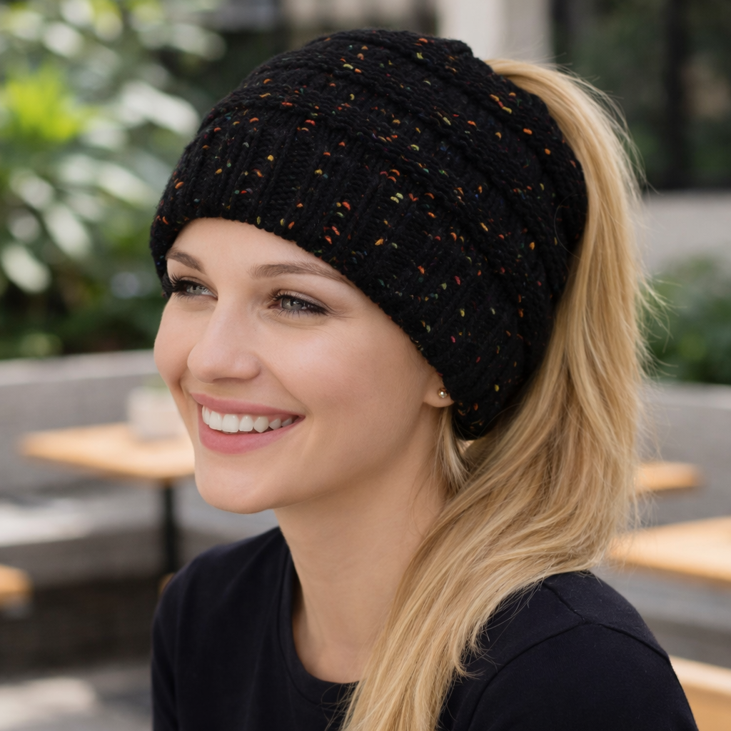 BLACK CONFETTI Ponytail Beanie