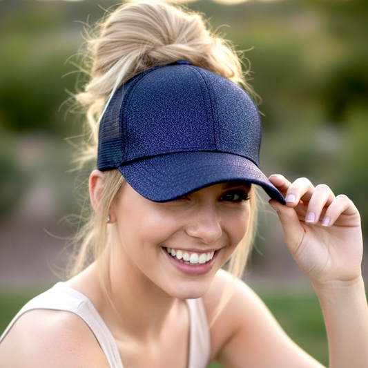 NAVY Glitter Ponytail Cap