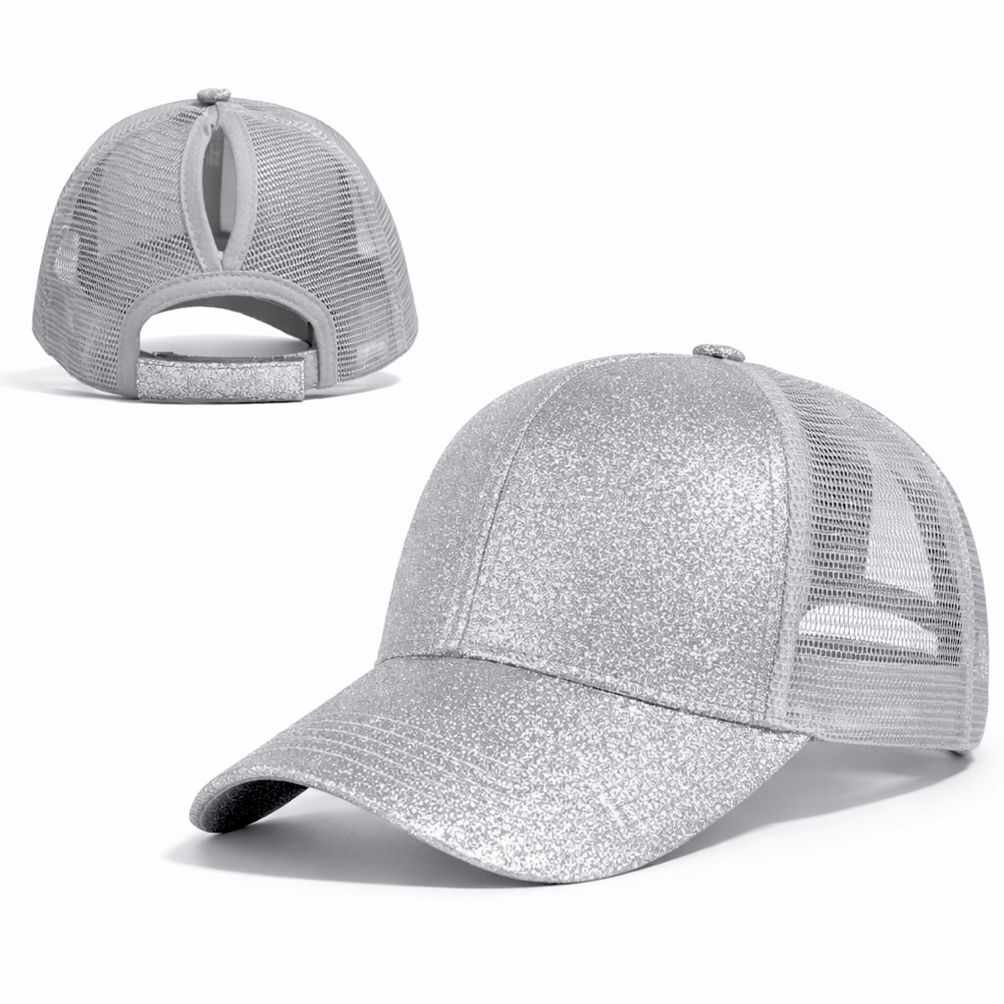 SILVER Glitter Ponytail Cap            ￼($10 Clearance)