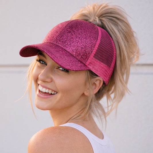 ELECTRIC PINK Glitter Ponytail Cap