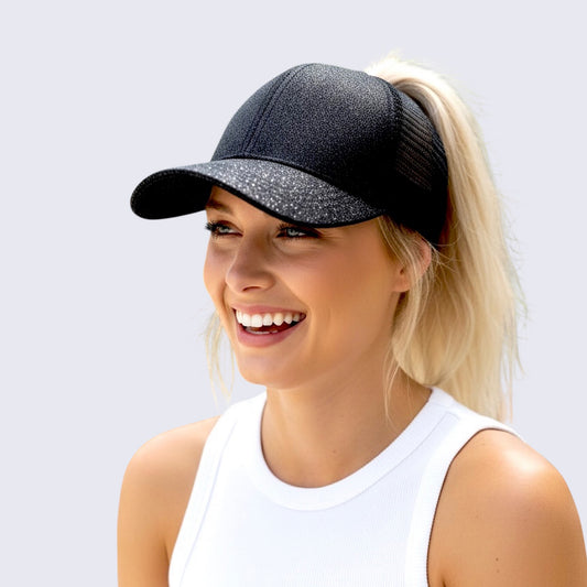 BLACK Glitter Ponytail Cap