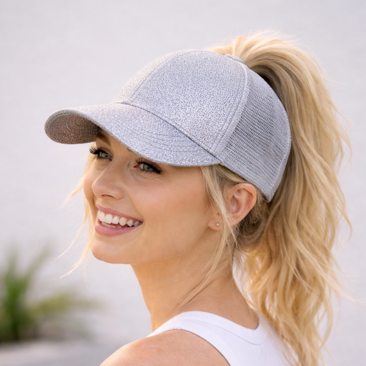 SILVER Glitter Ponytail Cap            ￼($10 Clearance)