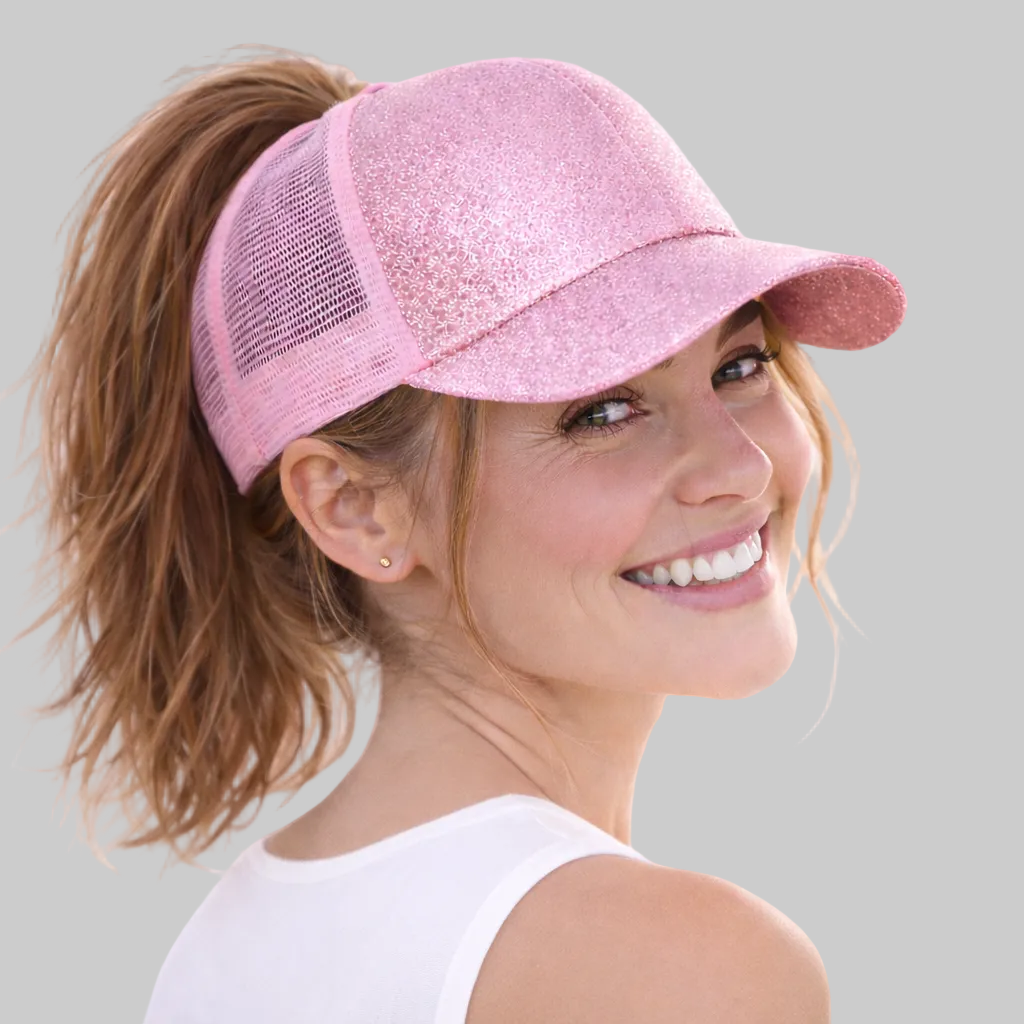 PINK Glitter Ponytail Cap