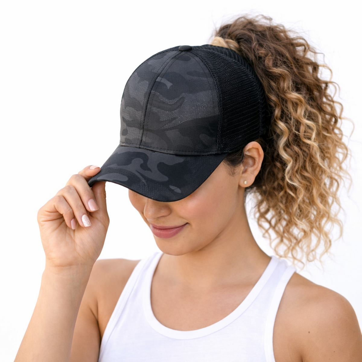 Black Camo Plain Ponytail Cap
