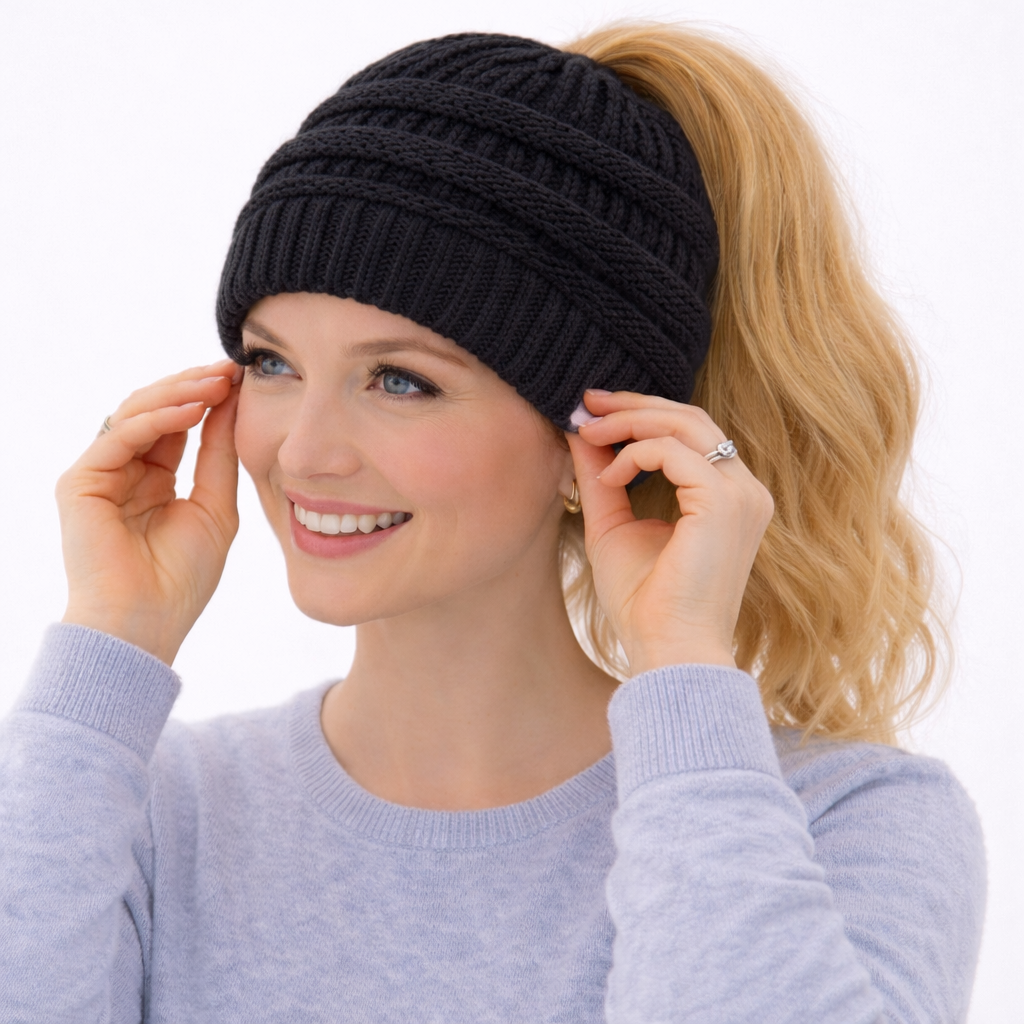 BLACK Ponytail Beanie