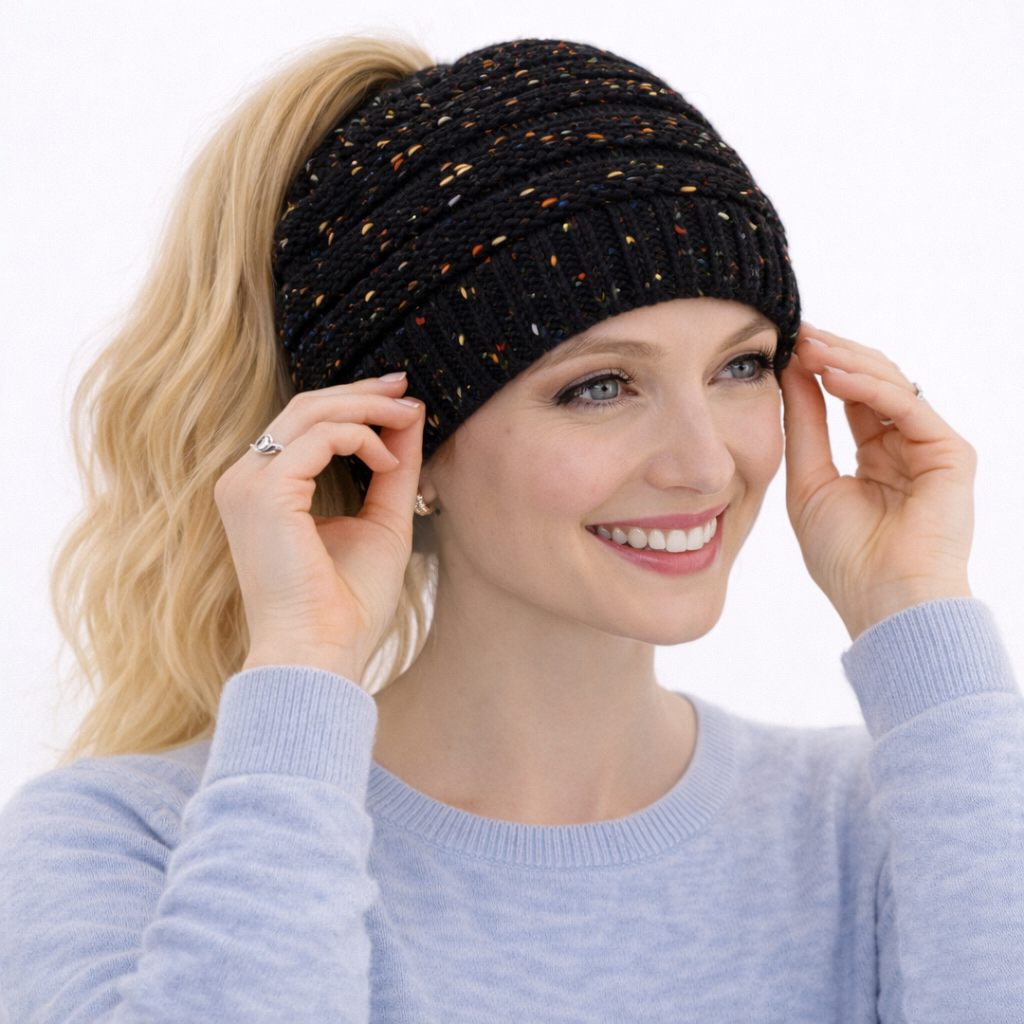 BLACK CONFETTI Ponytail Beanie