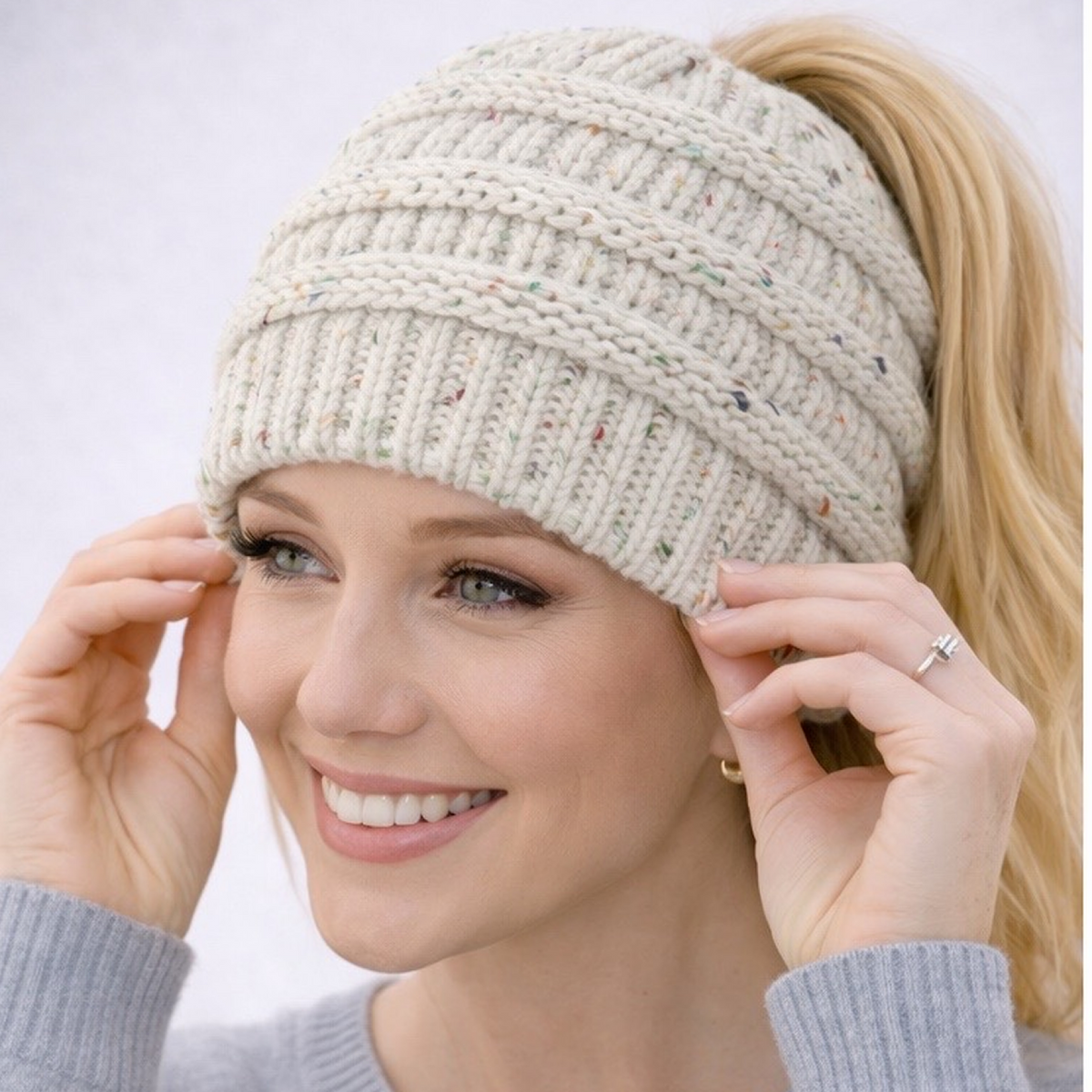 IVORY CONFETTI Ponytail Beanie