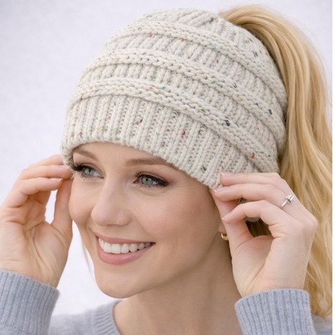 IVORY CONFETTI Ponytail Beanie