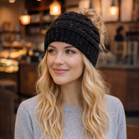 BLACK CONFETTI Ponytail Beanie