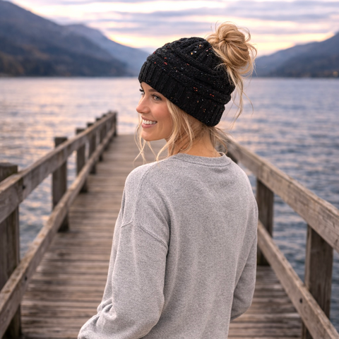 BLACK CONFETTI Ponytail Beanie