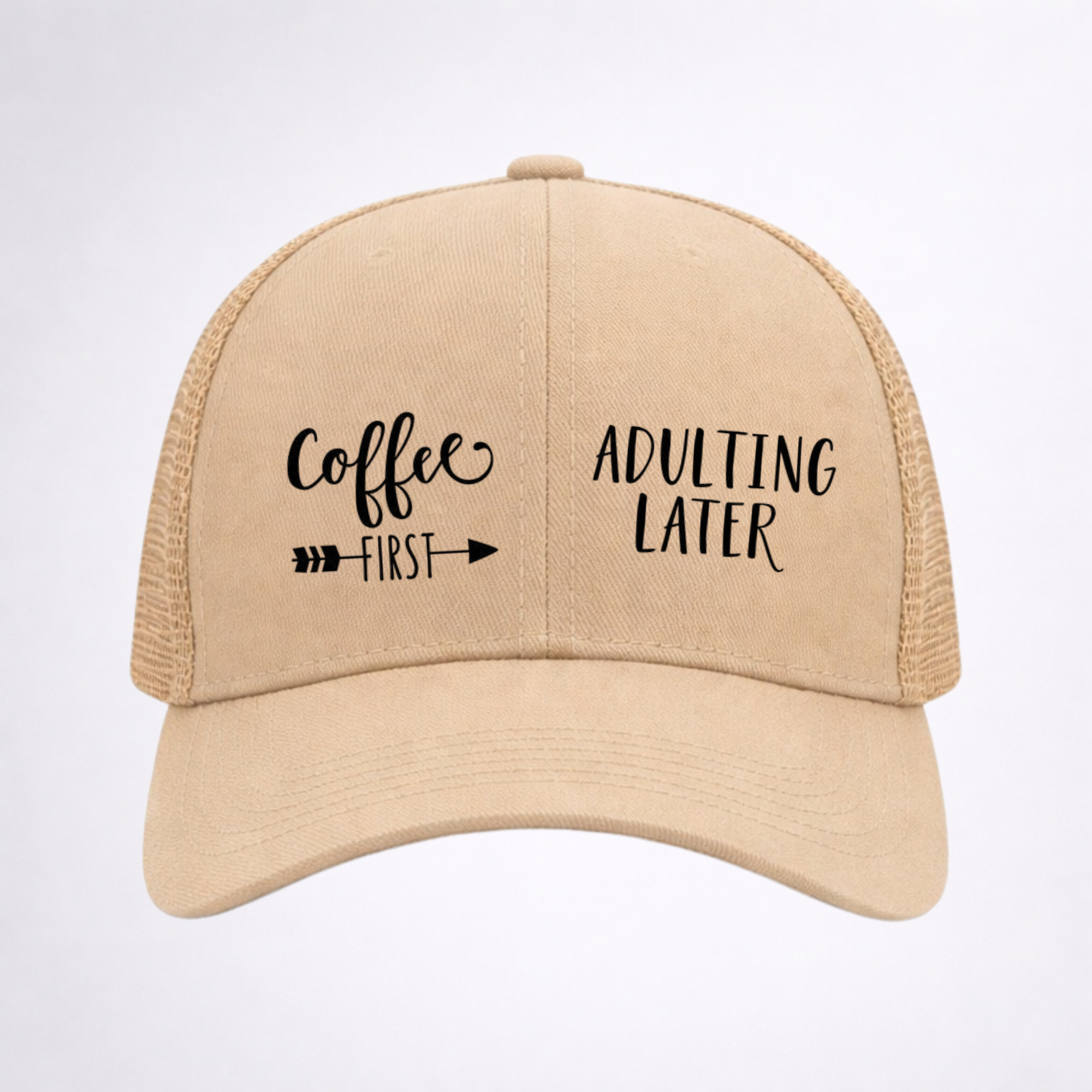 COFFEE ☕️ FIRST ADULTING LATER Ponytail Cap
