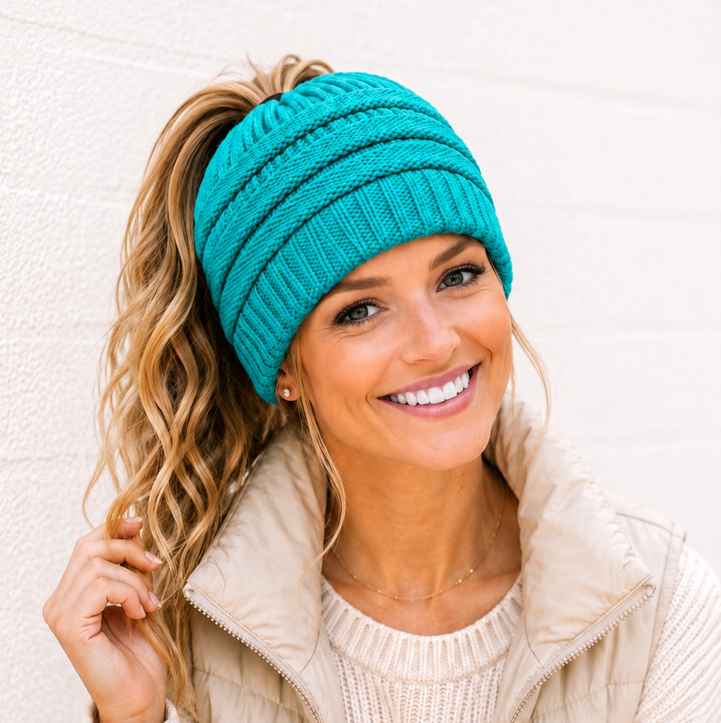 TEAL Ponytail Beanie