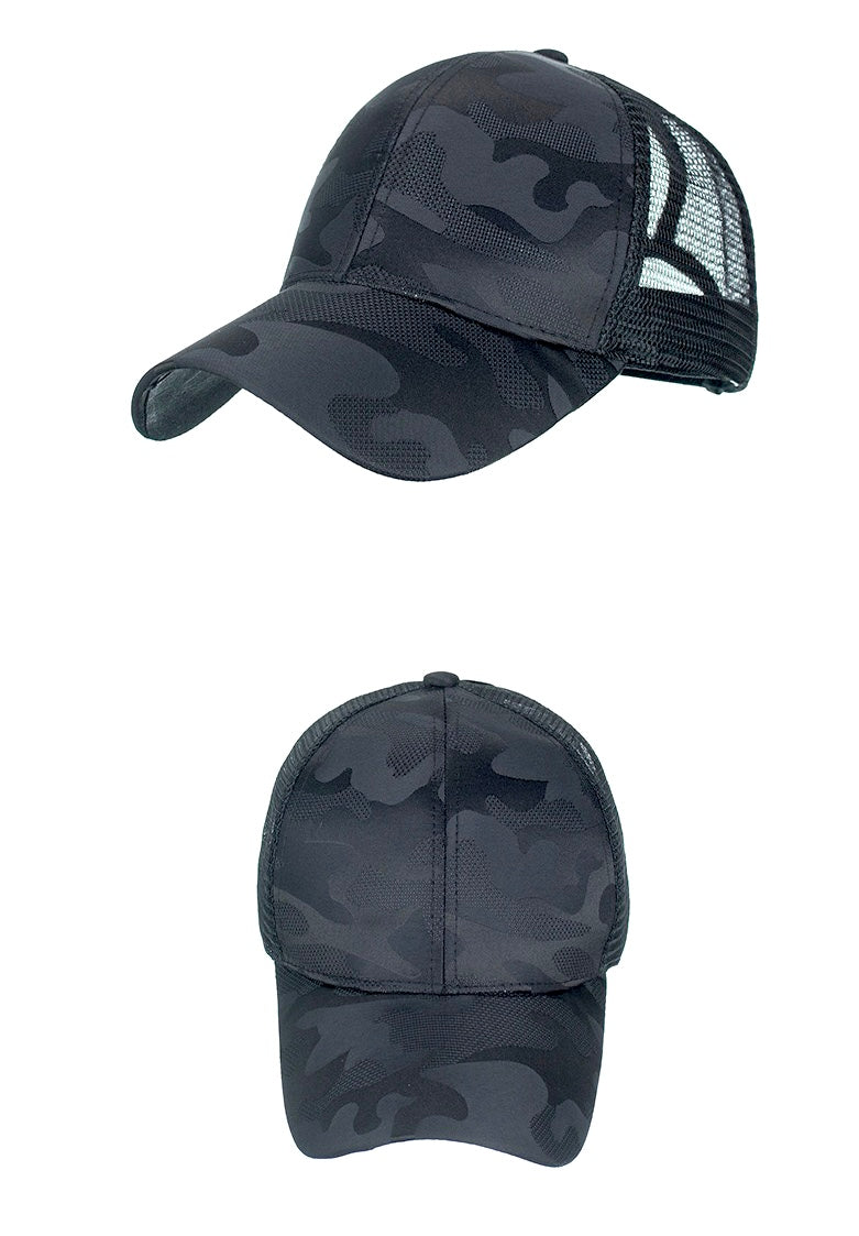 Black Camo Plain Ponytail Cap front/side